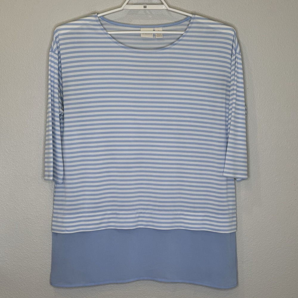 Chico's Women's Tunic Top Size 1 Light Blue Stripe 3/4 Sleeve Round Neck Stretch